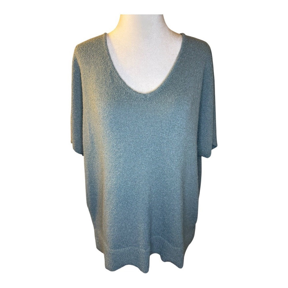 Bobeau V-Neck Knit Top‎ Short Sleeve Relaxed Fit Stone Blue Large NWT